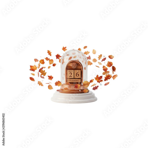 3D Miniature Autumn Calendar Surrounded by Floating Leaves, seasonal concept, clean premium 3D render, on white background