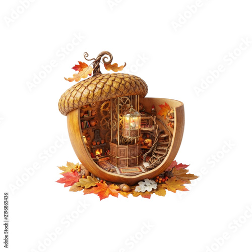 3D Giant Acorn With a Tiny Elevator Inside, autumn surreal concept, cute miniature design, on white background