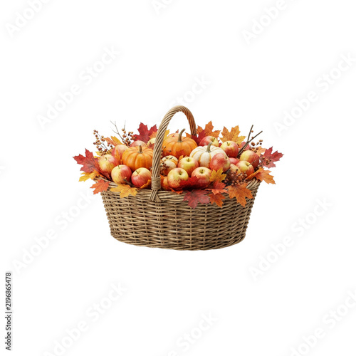 3D Autumn Shopping Basket Filled With Pumpkins, Apples and Maple Leaves, seasonal concept, crisp vivid colors, on white background