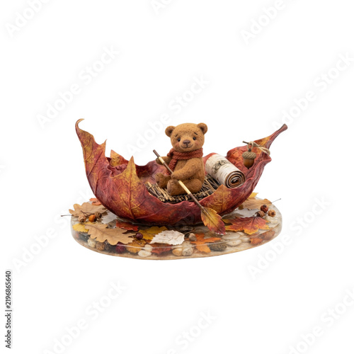 3D Bear Sitting Inside a Giant Hollow Maple Leaf Boat, autumn theme,  on white background