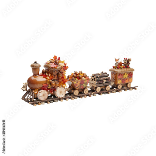 Tiny 3D Autumn Train Made of Acorns and Maple Leaves, cute miniature style, smooth glossy details, on white background