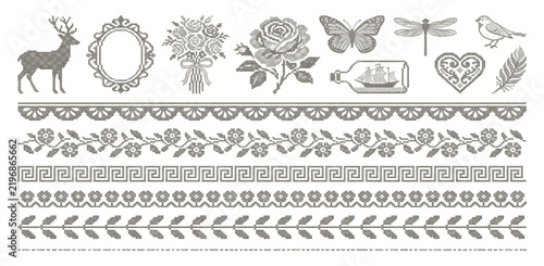 Cross stitch. Embroidery elements. Trendy vintage lace stitched ornate frames, floral borders, coquette bow, handcrafted flower for poster, card design. Vector set