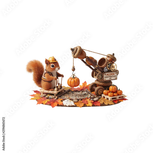 3D Squirrel Operating a Tiny Acorn Crane Lifting Pumpkins, autumn construction concept, on white background