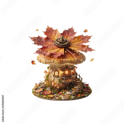 3D Mushroom House With a Rotating Maple Leaf Roof, autumn fantasy miniature, crisp vivid colors, on white background