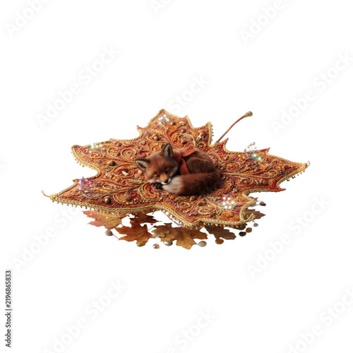 3D Maple Leaf Turned Into a Tiny Flying Carpet With a Sleeping Fox, autumn fantasy style, on white background