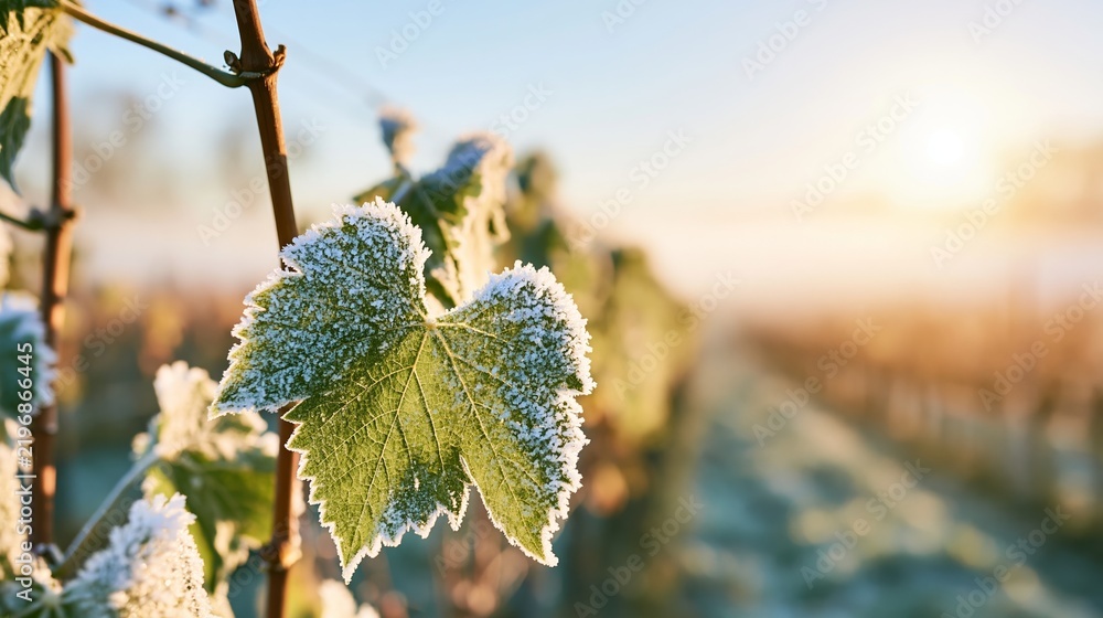 Obraz premium Grapevine leaf showing a fresh layer of morning frost during sunrise in a tranquil vineyard landscape