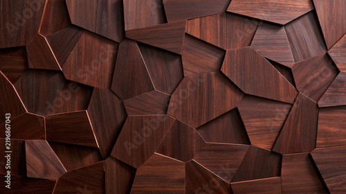 Modern dark wood geometric panel wall with dramatic lighting and varied depth. Ideal for luxurious interior design and architecture backgrounds.