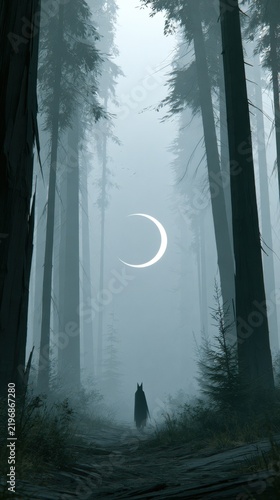 Black silhouette of a wolf standing on a forest path under a crescent moon surrounded by tall trees and mist in a dark, atmospheric woodland setting