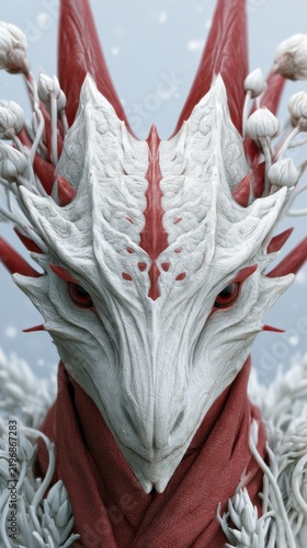 Fantasy creature with intricate white and red features, adorned with floral elements, set against a soft blue background with a subtle snowfall effect