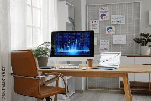 Interior of data scientists office with workplace, pin board and diagrams