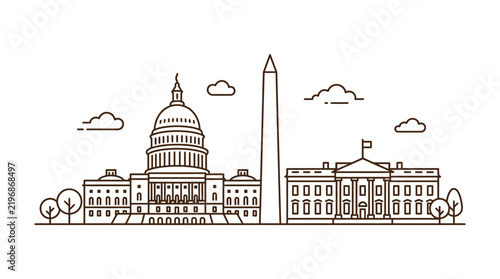Minimalist monoline vector illustration of Washington D.C. skyline featuring the United States Capitol building, the Washington Monument, and the White House on white background.
