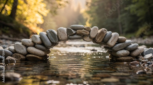 Arch bridge made of balanced river stones over a flowing mountain stream in a sunny forest, symbolizing harmony, stability, zen meditation, and natural engineering during a bright summer day.