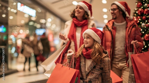 Happy family wearing santa hats carrying shopping bags while walking through a mall at christmas