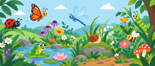 Cute cartoon insects and happy frog around a garden pond vector background