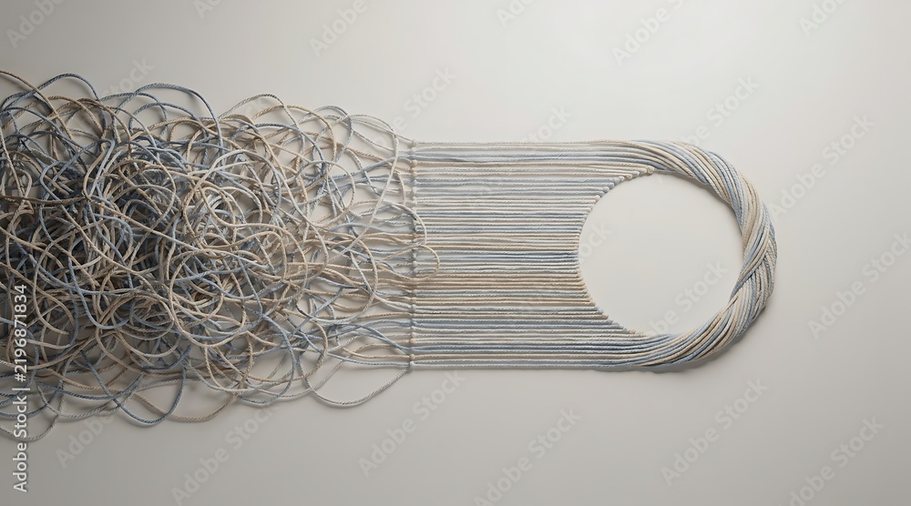 Fototapeta premium Conceptual illustration of strings transitioning from chaotic tangled mess into straight organized lines and a neat braided circle representing problem solving and order from chaos