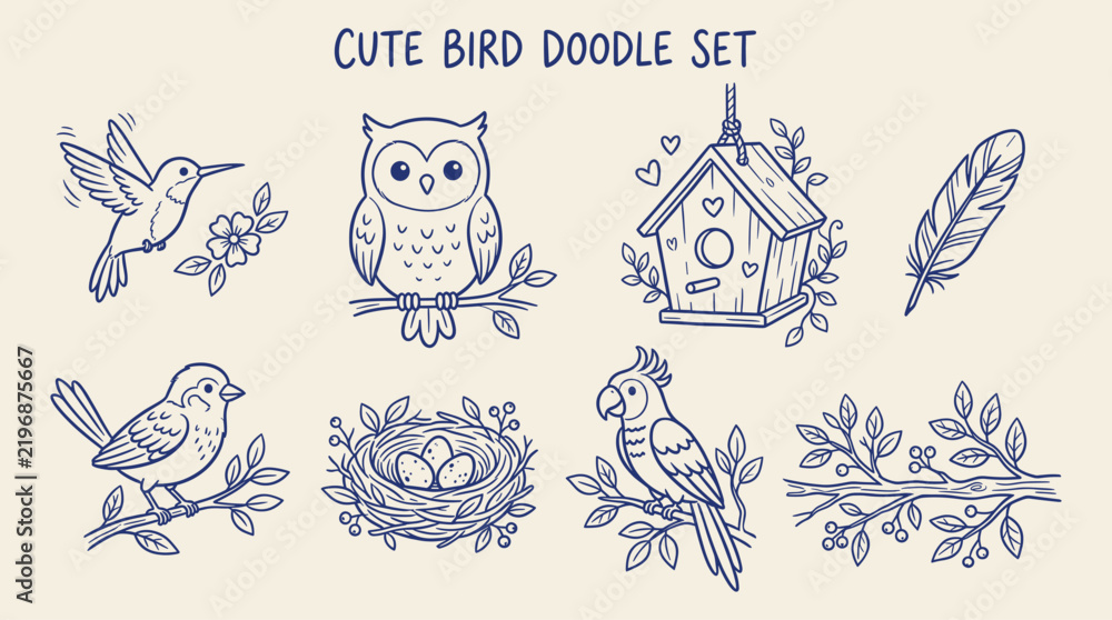Fototapeta premium Hand drawn cute bird doodle set vector illustration in blue ink on a light background