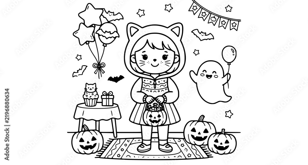 Fototapeta premium Cute Halloween Party Girl Coloring Book Page for Children
