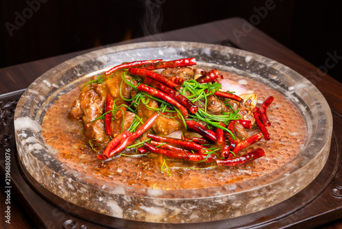 Stir-fried Beef with Red Chili Peppers. Signature Chinese Cuisine Close-up