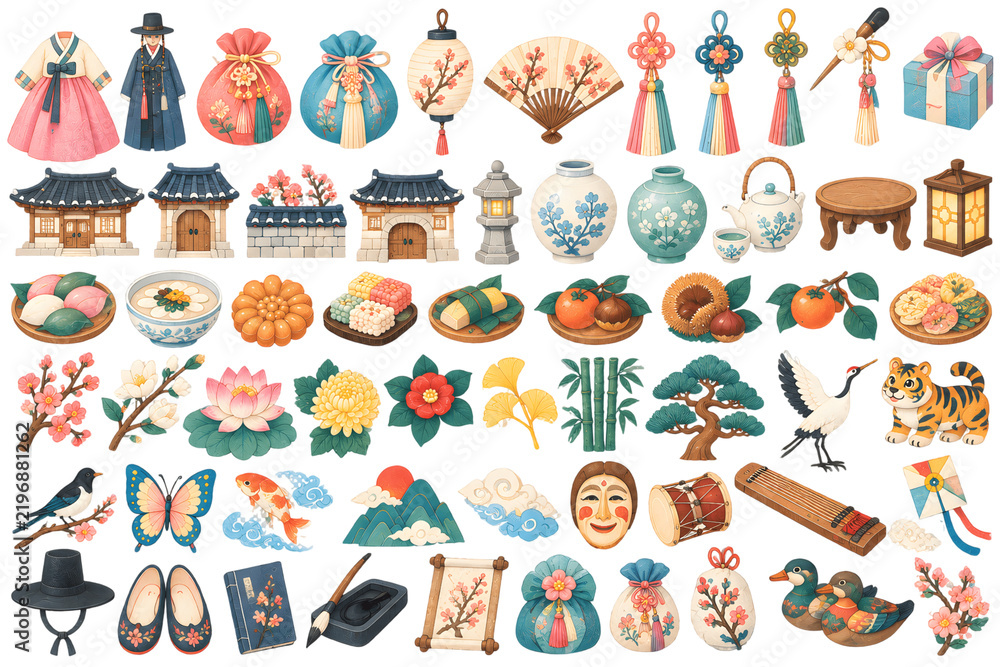 Fototapeta premium Traditional Asian cultural elements set, cute vector illustration of folk items and symbols