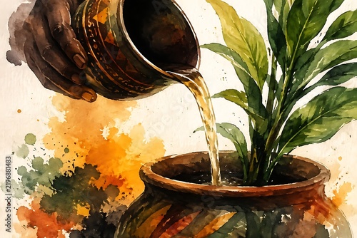 Pouring libation from the unity cup, watercolor illustration