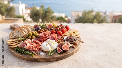 A mediterranean sharing board with cured meats cheeses olives and fresh produce rests outdoors antipasto appetizer arrangement bread cheese charcuterie