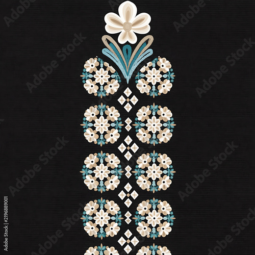 intricate floral ethnic embroidery, light beige floral pattern on dark fabric