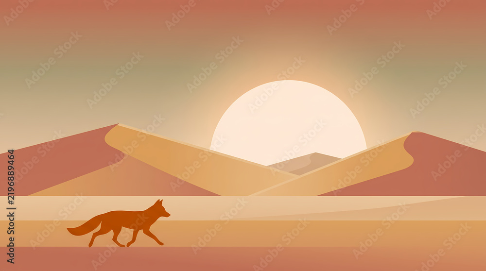 Fototapeta premium Minimalist fox in desert dunes sunset vector background