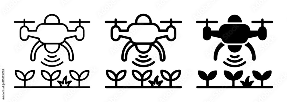 Obraz premium Drone agriculture silhouette icons set, modern farming technology, aerial survey