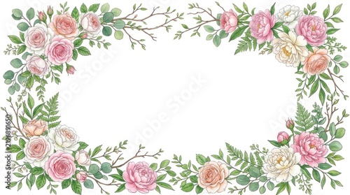 A floral arrangement with pink and white roses, green leaves, and branches, set against a white background.