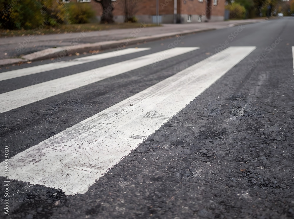 Obraz premium White Pedestrian Crosswalk Stripes Painted on Asphalt Road Surface for Traffic Safety and Walking Crossing Pathway in Urban City Environment
