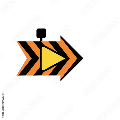 Play button on arrow with hazard stripes