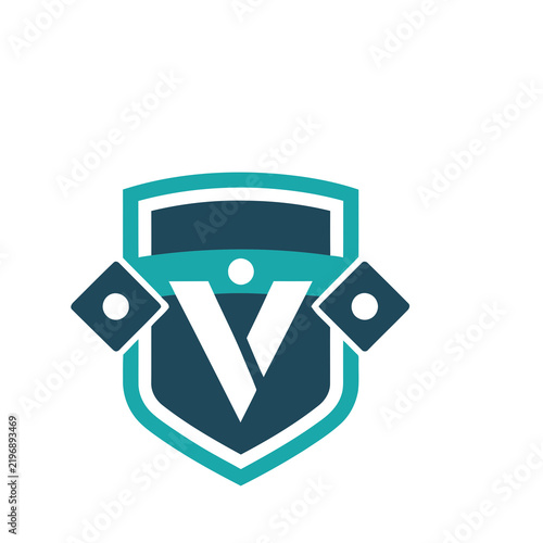Shield logo with letter V and dots