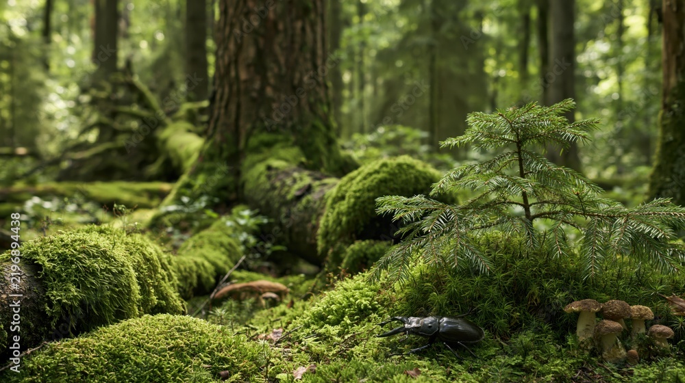 Obraz premium Beetle in a Mossy Forest Clearing