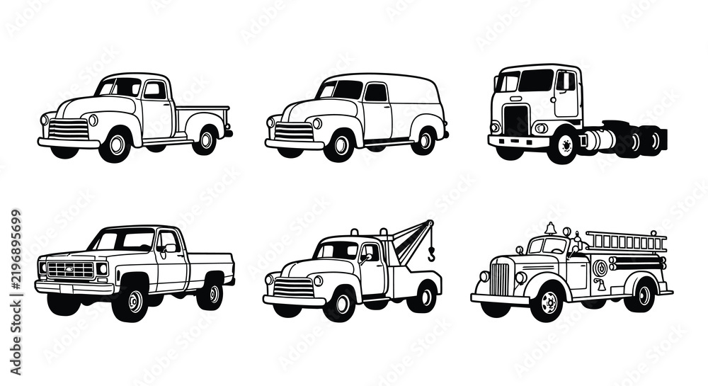 Obraz premium Vintage delivery trucks and pickup silhouettes on a white background
