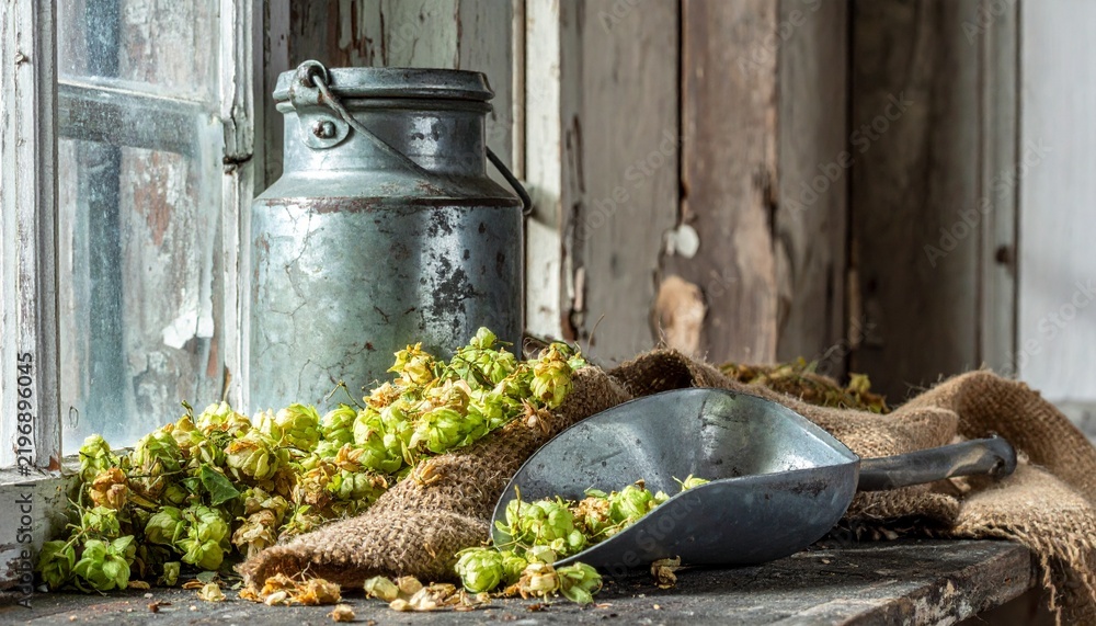 Obraz premium Fresh green hops cones with metal scoop and vintage milk can on rustic wooden table