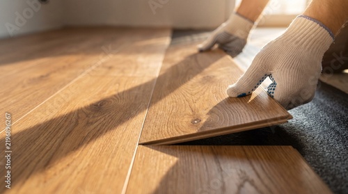 Pose de parquet stratifié. Gros plan des mains d'un artisan en gants de protection installant des lames de sol en bois.