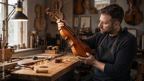 Violin maker inspects a handmade instrument in a workshop filled with tools and wooden items during the daylight hours