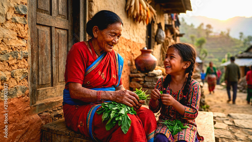 Elderly South Asian woman and young girl preparing fresh green vegetables outside a rural village home