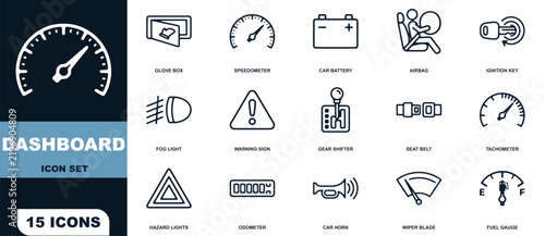 Set of fifteen essential car dashboard representing vehicle gauges and safety indicators