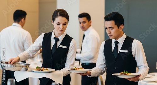 Professional banquet servers meticulously presenting plated meals at an upscale event