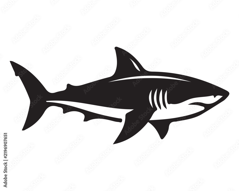 Fototapeta premium Minimalist black silhouette icon of a great white shark swimming with marine life ocean animal sea creature flat design