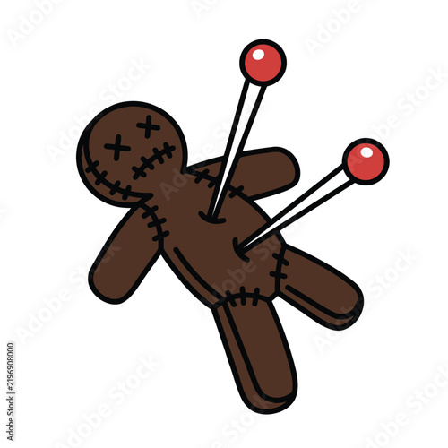 Cartoon graphic illustration of a mystical doll figure, impaled with two sharp pins, symbolizing misfortune, bad luck, or playful retribution in a unique thematic design