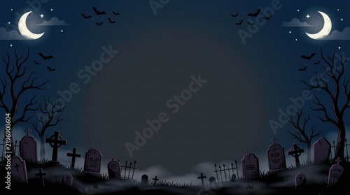 A spooky, dark cemetery with trees, gravestones, and bats. The Halloween concept of horror and mystery.