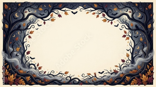 A spooky, dark, forest scene with bats, pumpkins, and leaves, set against a moonlit night sky.