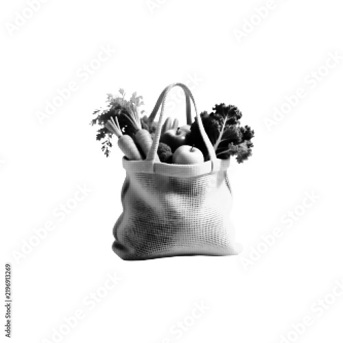 Halftone illustration of a reusable shopping tote filled with fresh vegetables, symbolizing sustainable grocery shopping, eco-friendly living, waste reduction, and conscious consumption.