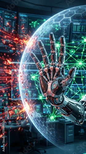 Robotic hand blocking cyber attack with glowing digital shield and network security defense