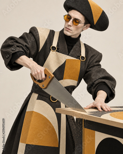 Surreal Craftsman Sawing a Wooden Board with a Hand Saw