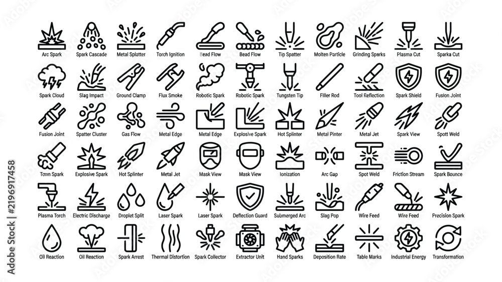 Fototapeta premium A comprehensive collection of black and white industrial welding and metalworking icons for professional technical design projects