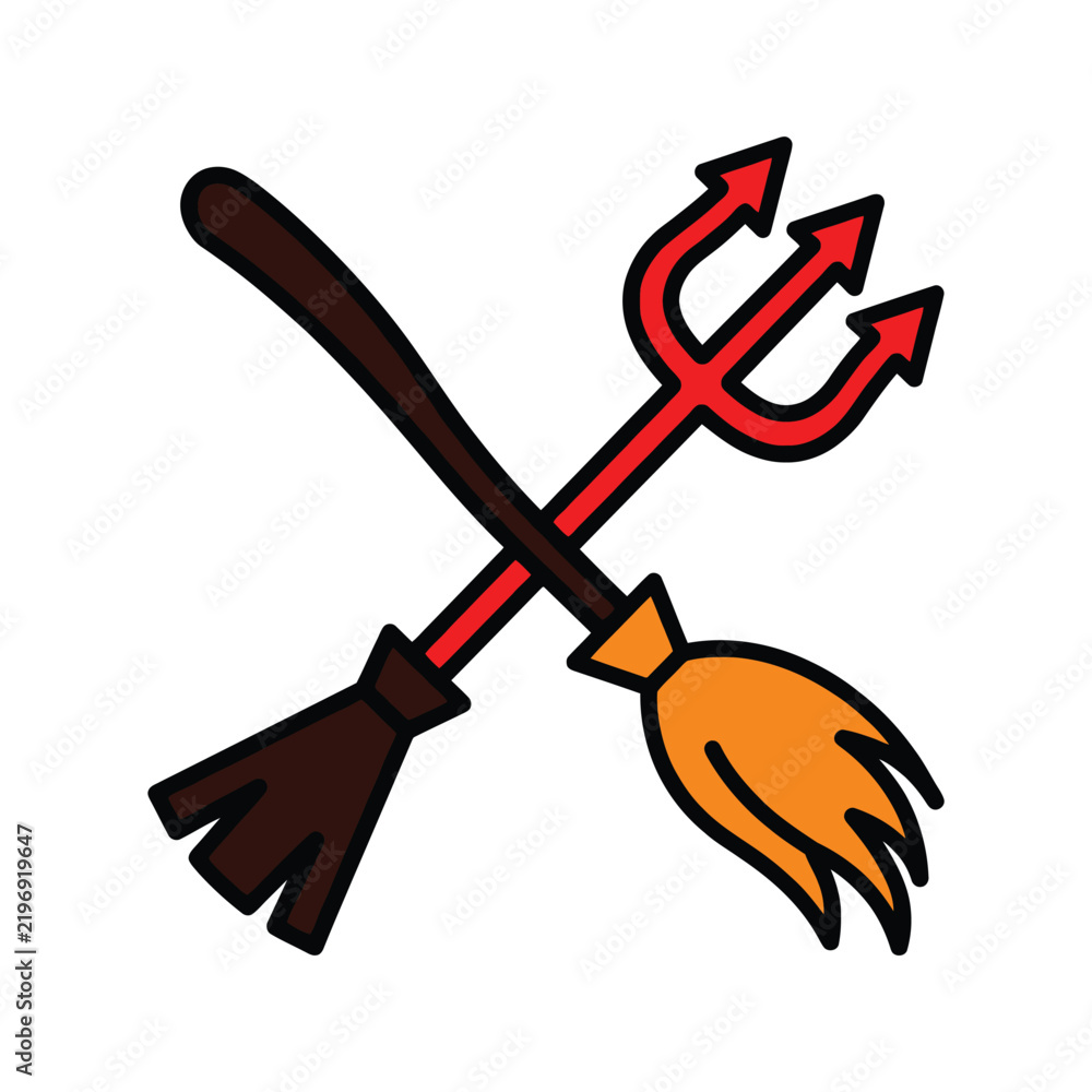 Fototapeta premium Whimsical crossed broomstick and trident illustration capturing the essence of Halloween mischief and festive fright
