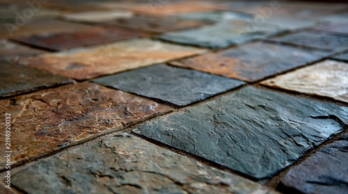 Natural stone slate floor tiles with rustic textured surface.